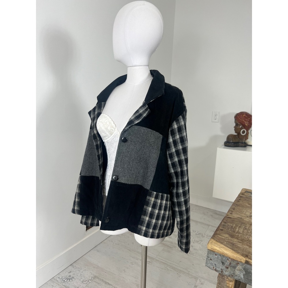 Casual Corner Woman Wool Patchwork Corduroy Leather Plaid Chore Jacket
